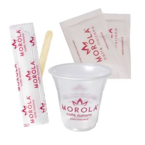 kit accessori caffè monouso Morola Caffè Italiano - bicchierini - palette legno -zucchero bianco