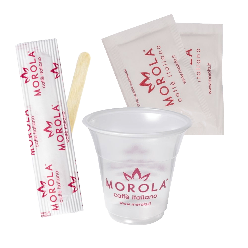 kit accessori caffè monouso Morola Caffè Italiano - bicchierini - palette legno -zucchero bianco